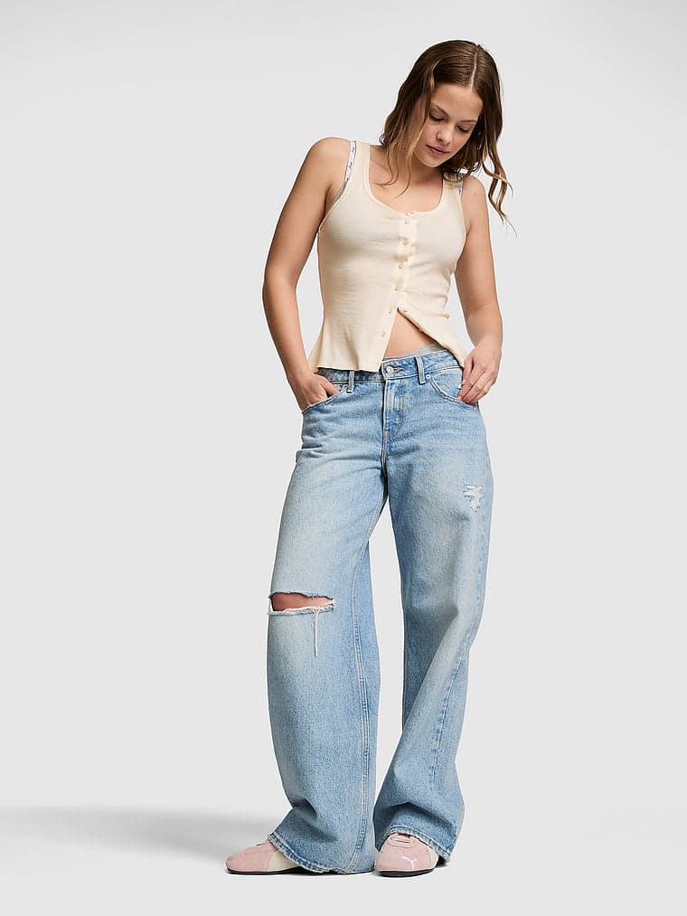 Женская одежда PINK Relaxed Rib Button-Down Tank Top