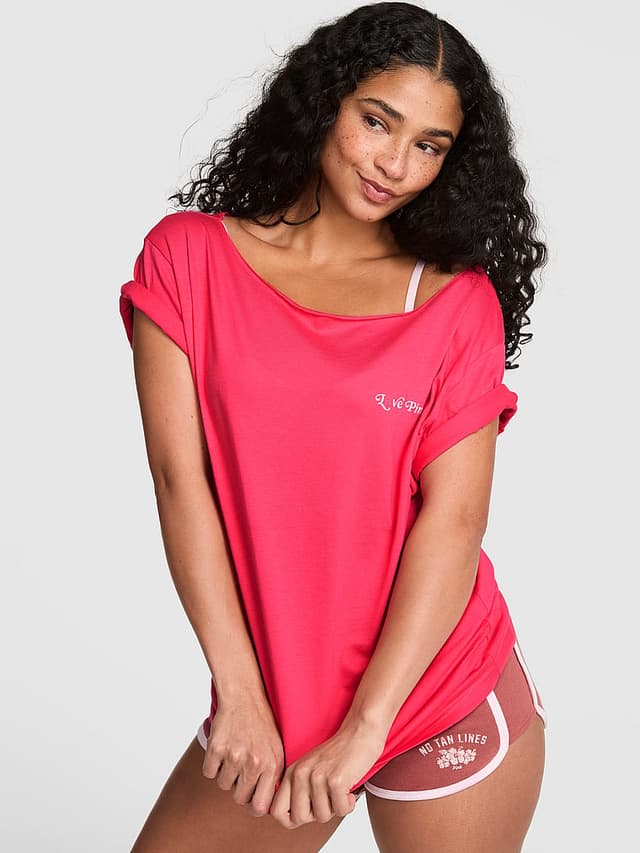 Женские футболки PINK Campus Cotton™ Off-The-Shoulder Tee